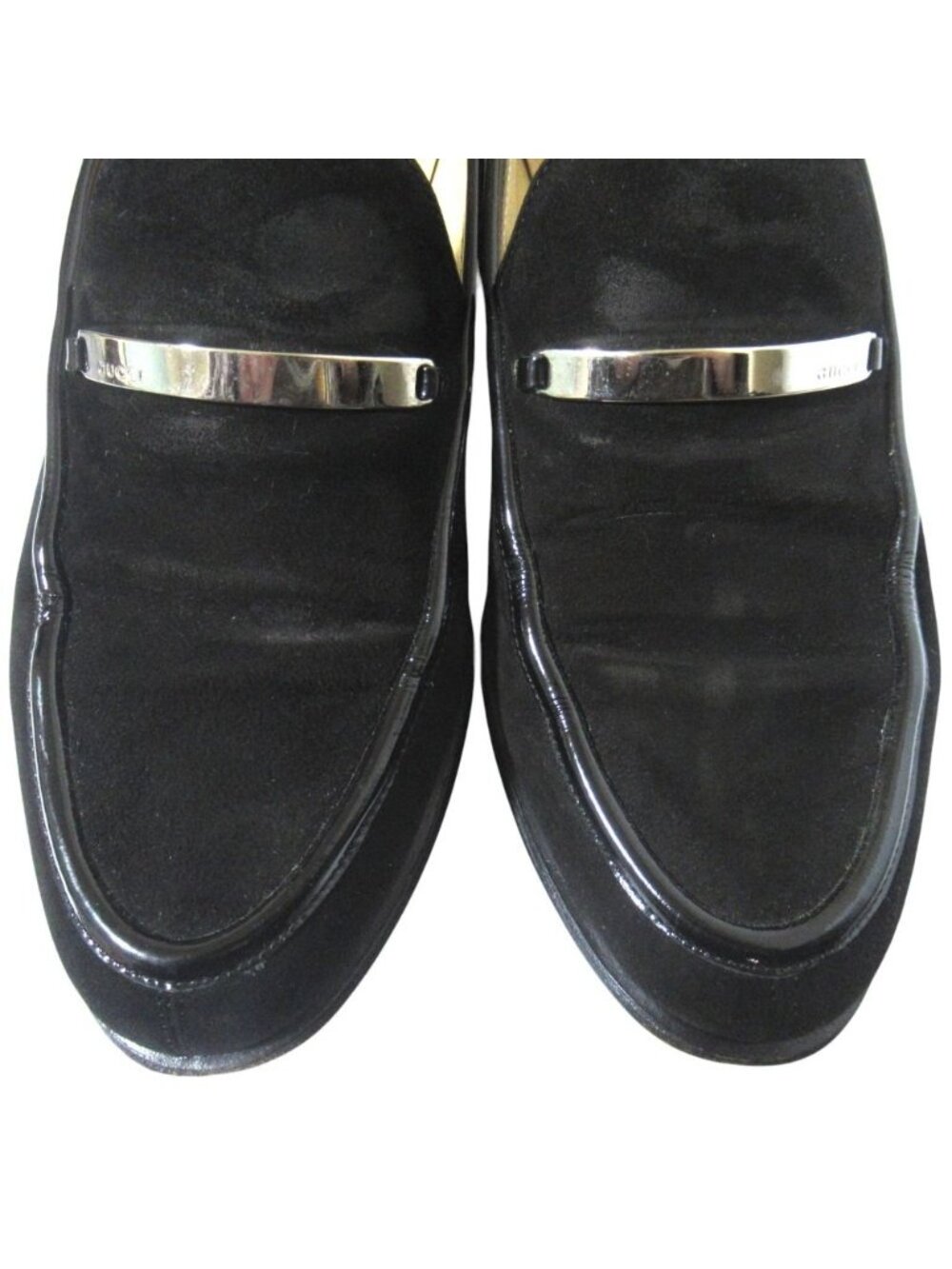 Gucci Logo Plate Suede Leather Loafers Shoes Black Silver - Picture 4 of 10